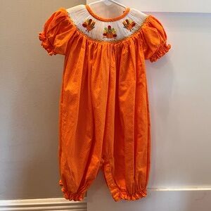 Orange polka dot smocked turkey long bubble